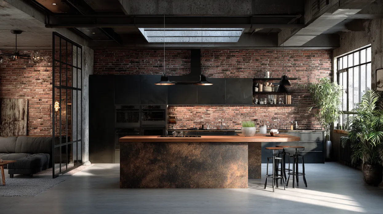 industrial peninsula kitchen design with exposed brick finish