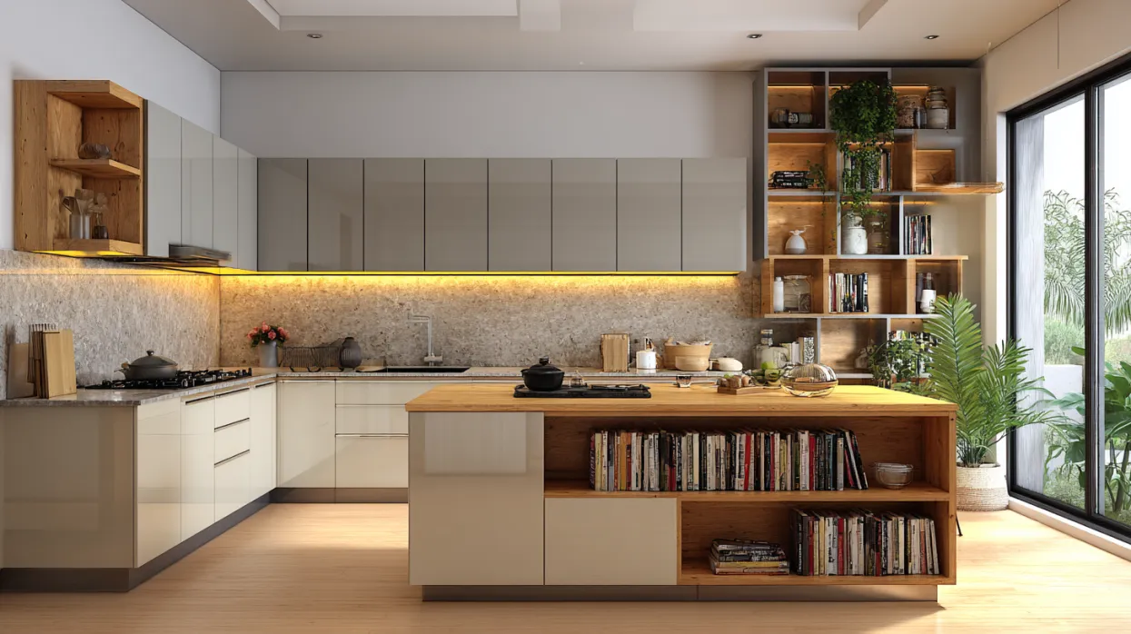 peninsula kitchen design with open shelving for storage and display