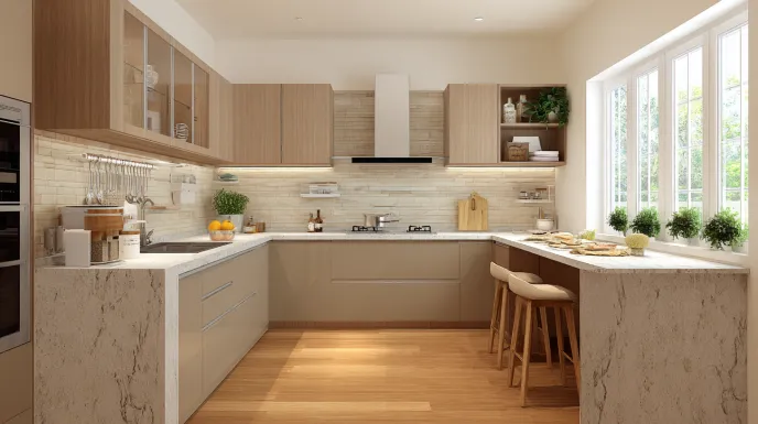 u shaped peninsula kitchen design with ample counter space and storage