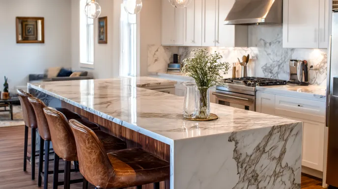 peninsula kitchen design with marble countertop