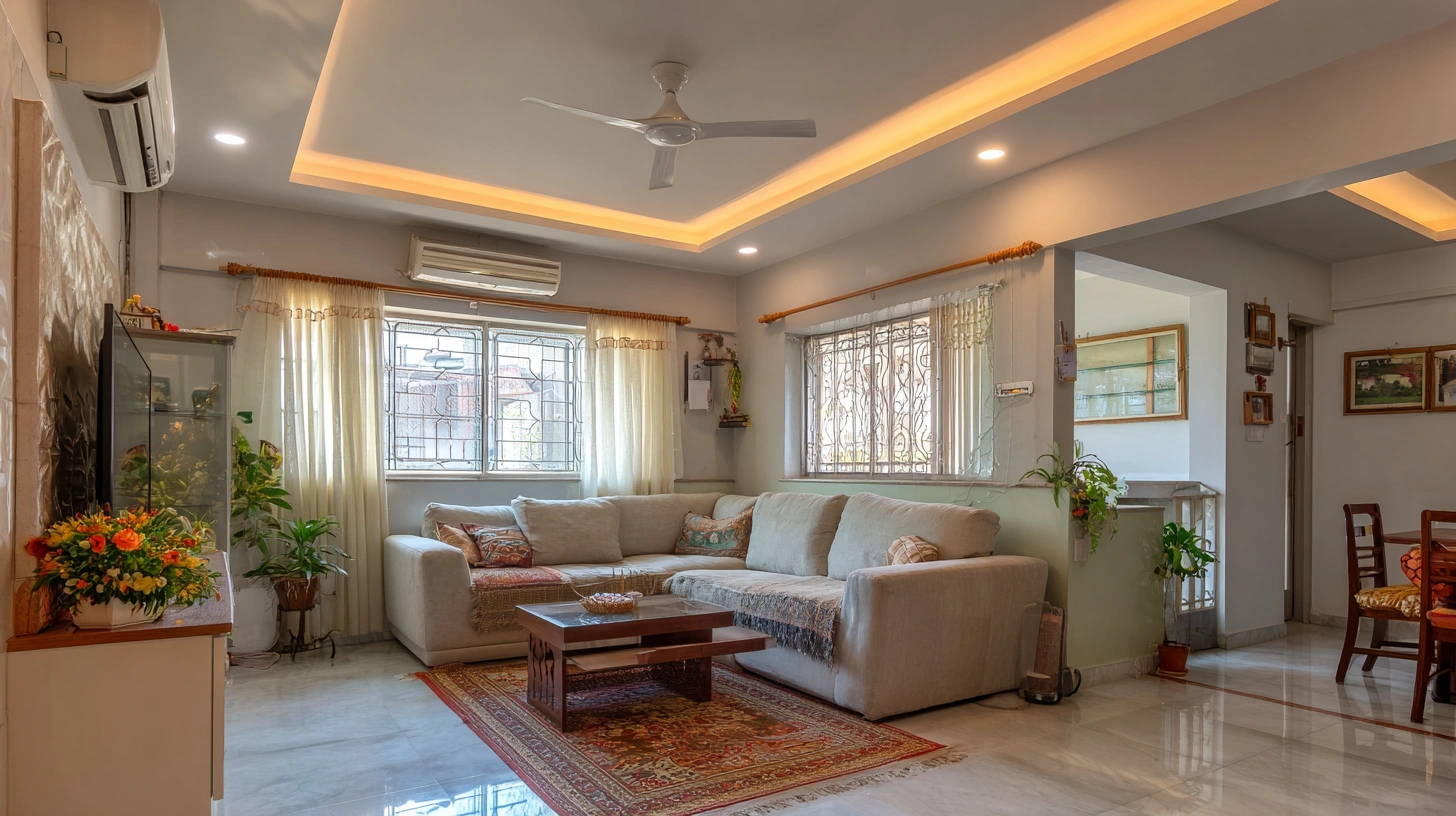 living room showcasing an elegant outer border ceiling