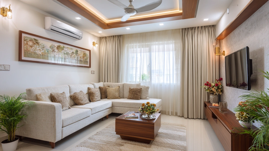 Living room showing a simple white peripheral border ceiling