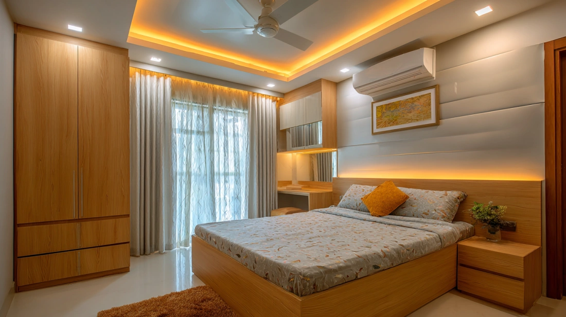 Comfortable bedroom layout incorporating simple peripheral plaster boarders