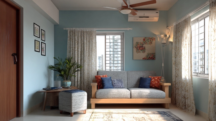 Soft blue walls, chic, low budget Indian interior design