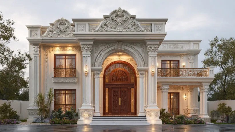 Ornate white pillar arch at the grand entrance of a luxury mansion