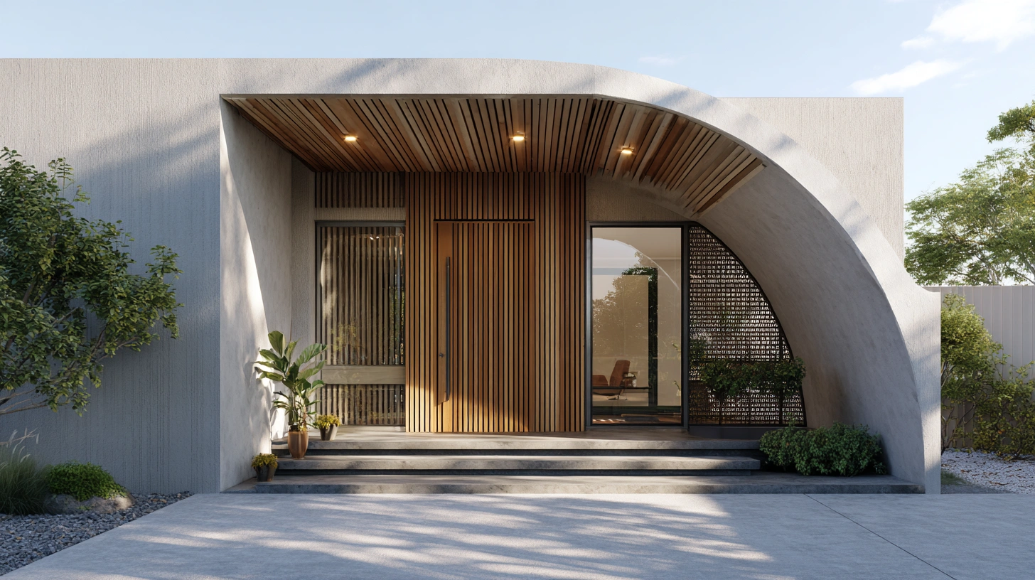 Flat-roofed modern house with a curving concrete wall
