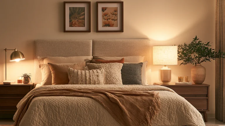 Pillows and throws on bed
