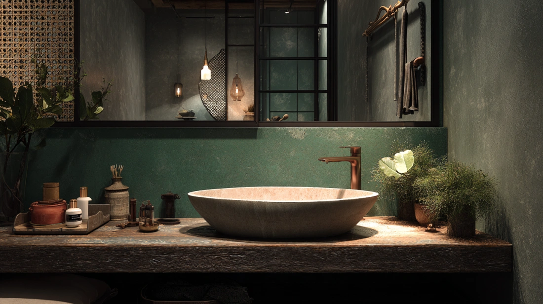 Peach concrete basin with green wall in dining