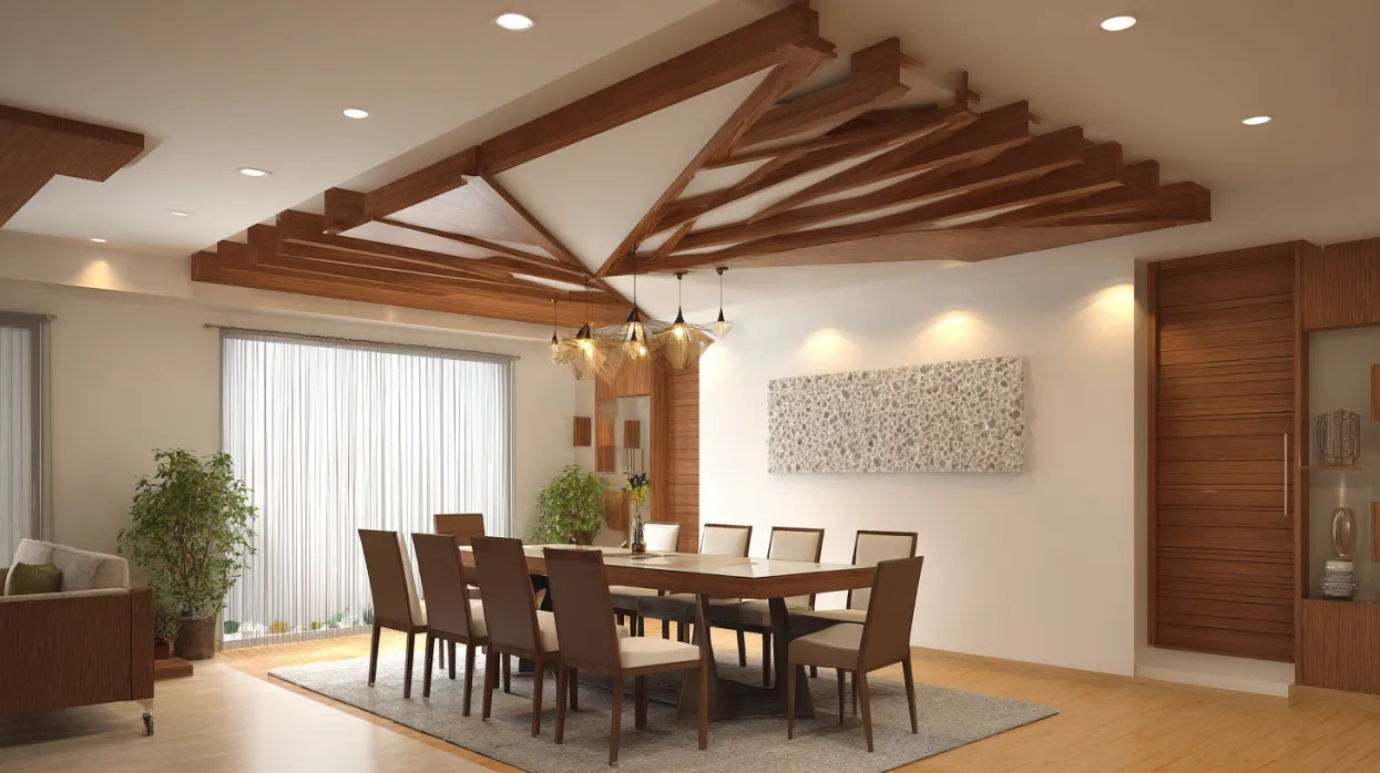 plain false ceiling design for dining room with timber and pop