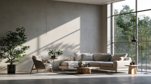 Plain grey IPS flooring in a modern living room