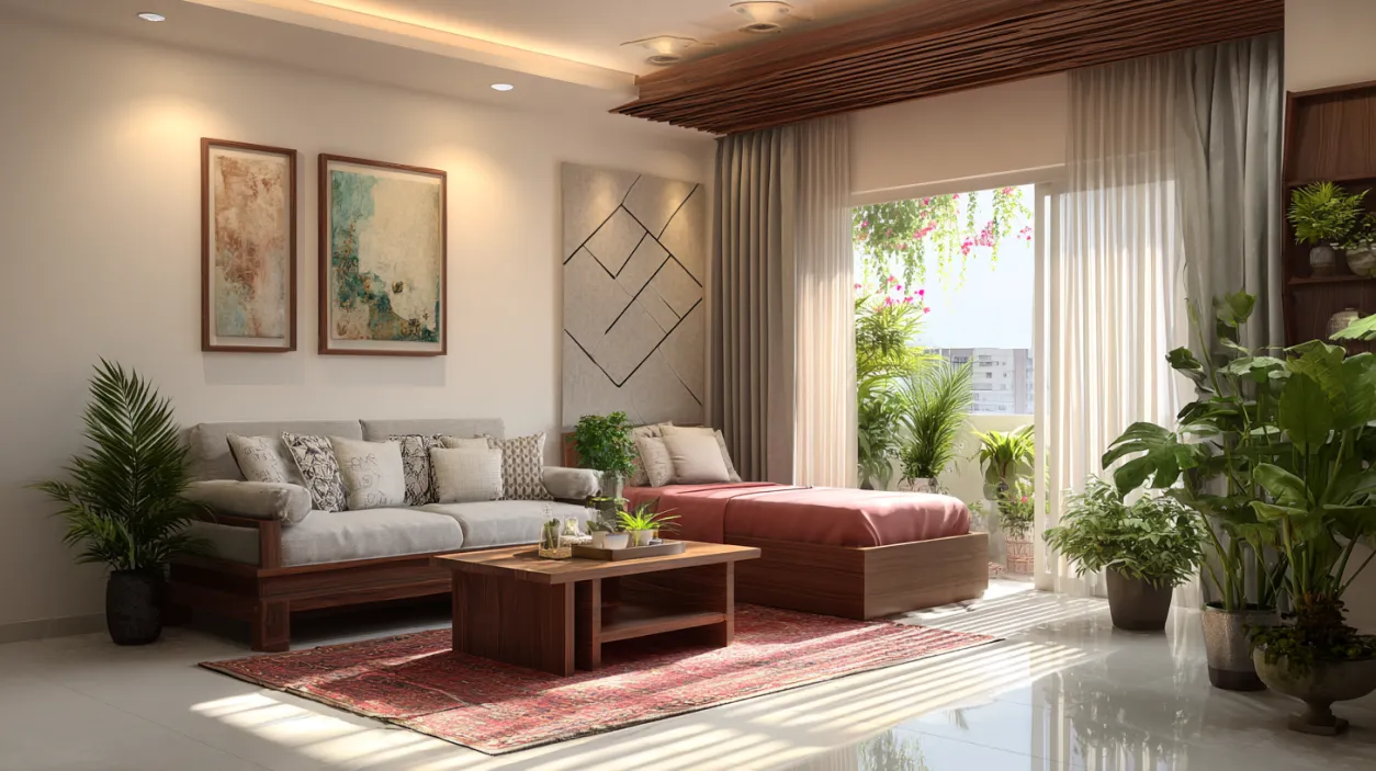 Plants and natural low-cost room with cozy wooden furniture.