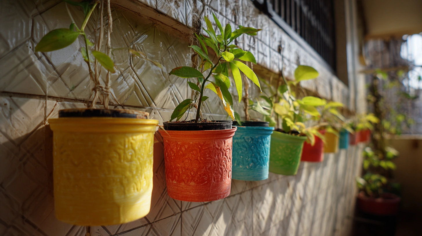 Painted plastic bottle planters hanging on balcony grill