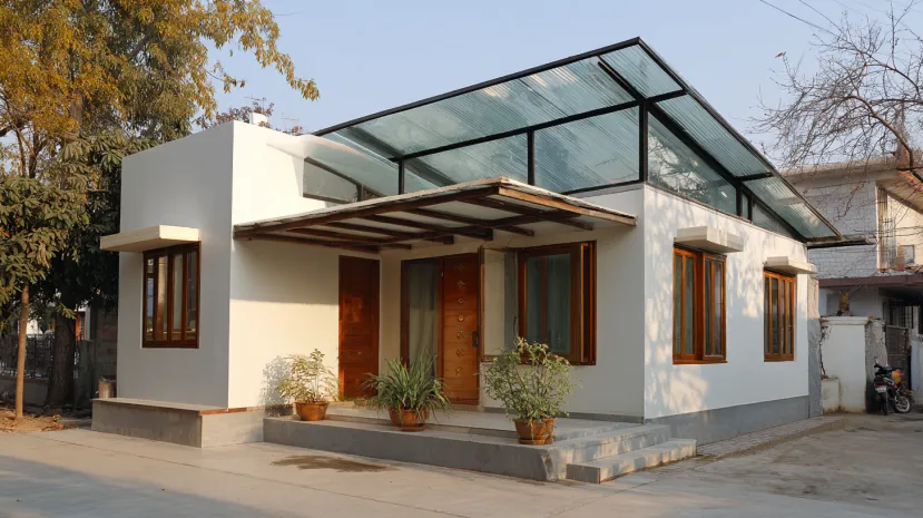 Clear plastic roofing sheet design for a modern sunroom.