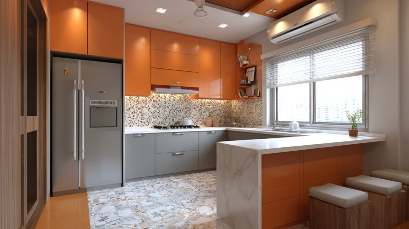 mixed material finishes styled in a modern l-shaped kitchen