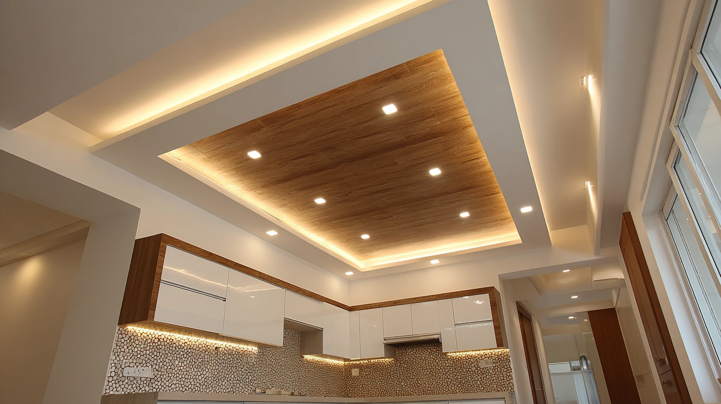 Central wood laminate tray inset on gypsum ceiling