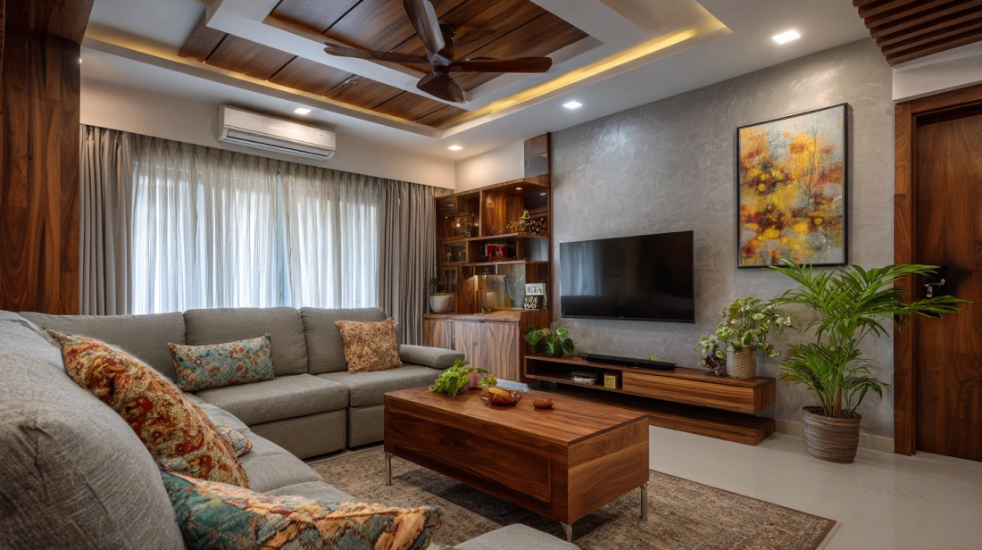 Crisp white living room with plus minus ceiling