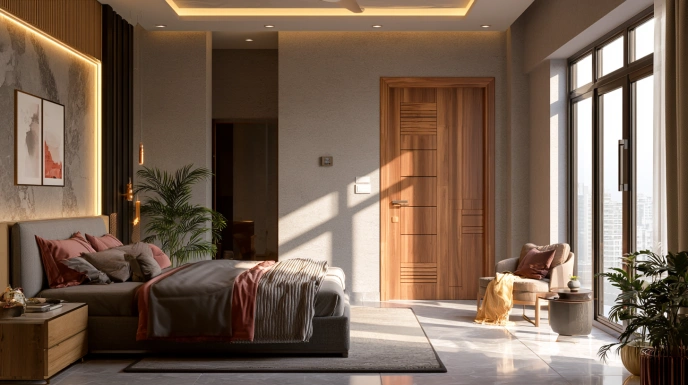 Modern plywood bedroom door with laminate finish