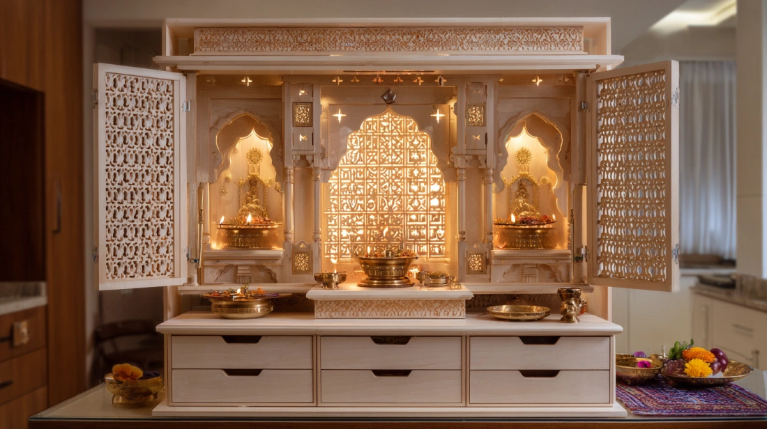 Plywood mandir with multiple storage drawers
