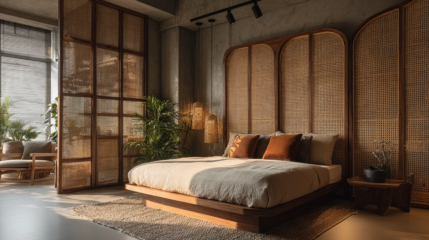 Plywood partition with cane panel inserts