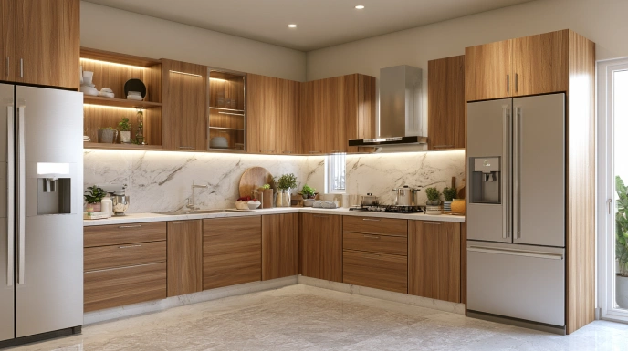 Plywood modular kitchen with warm wood cabinets