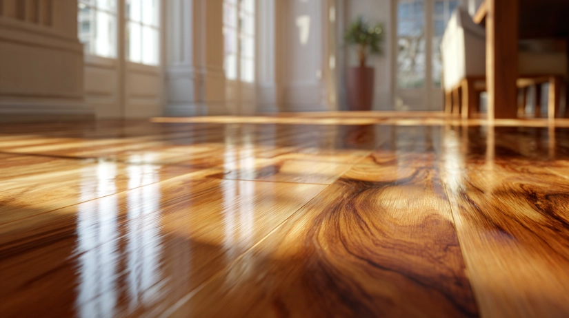 Polished solid hardwood flooring in close up view