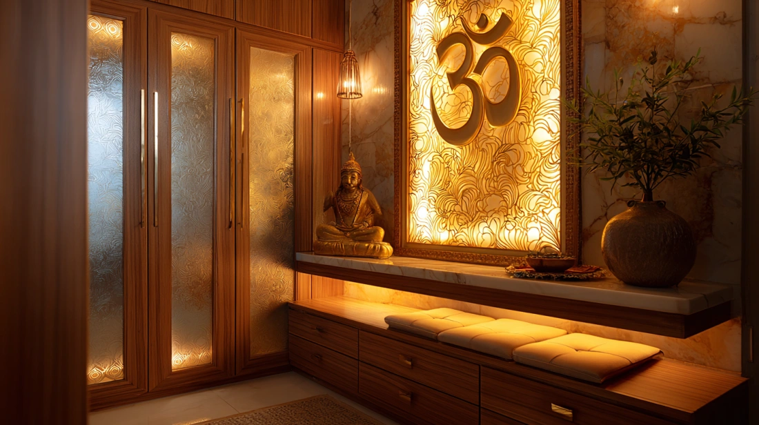 Plywood mandir with frosted glass and Om etching