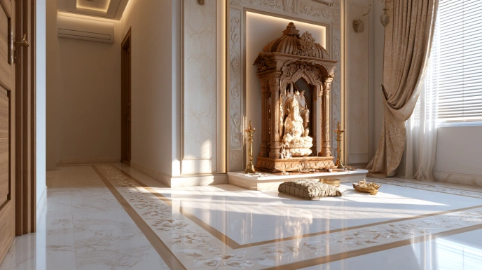 White marble flooring in a pooja room