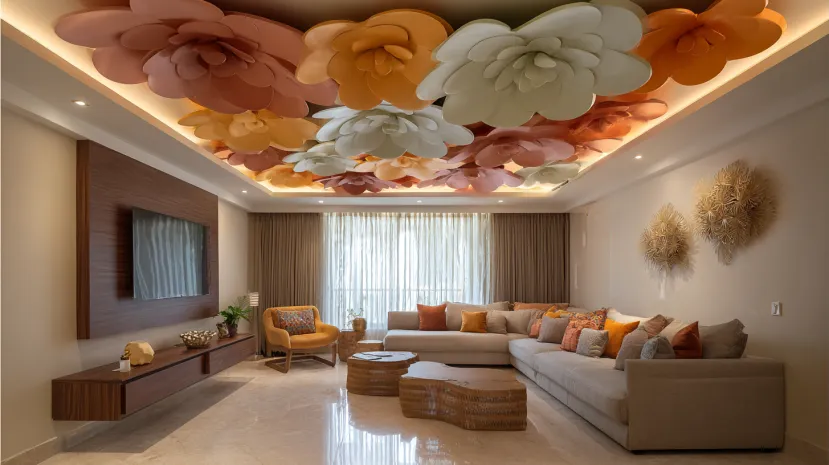 Earthy tone POP flower ceiling design