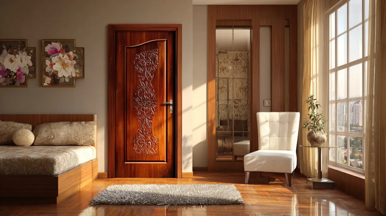 Traditional carved wooden bedroom door with details