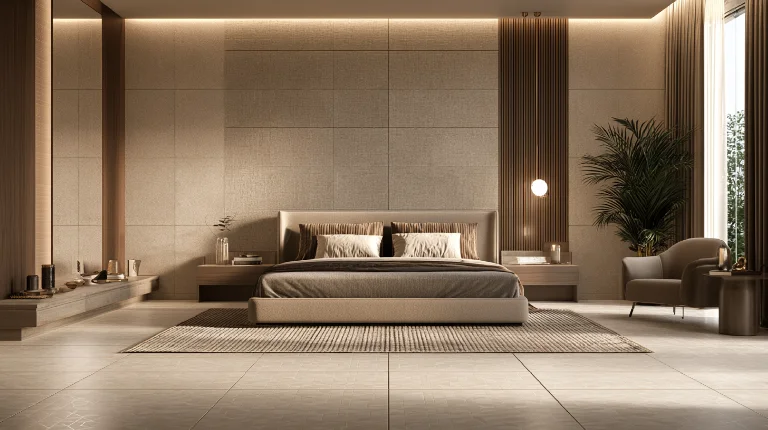 Porcelain 3D floor tiles in a modern bedroom