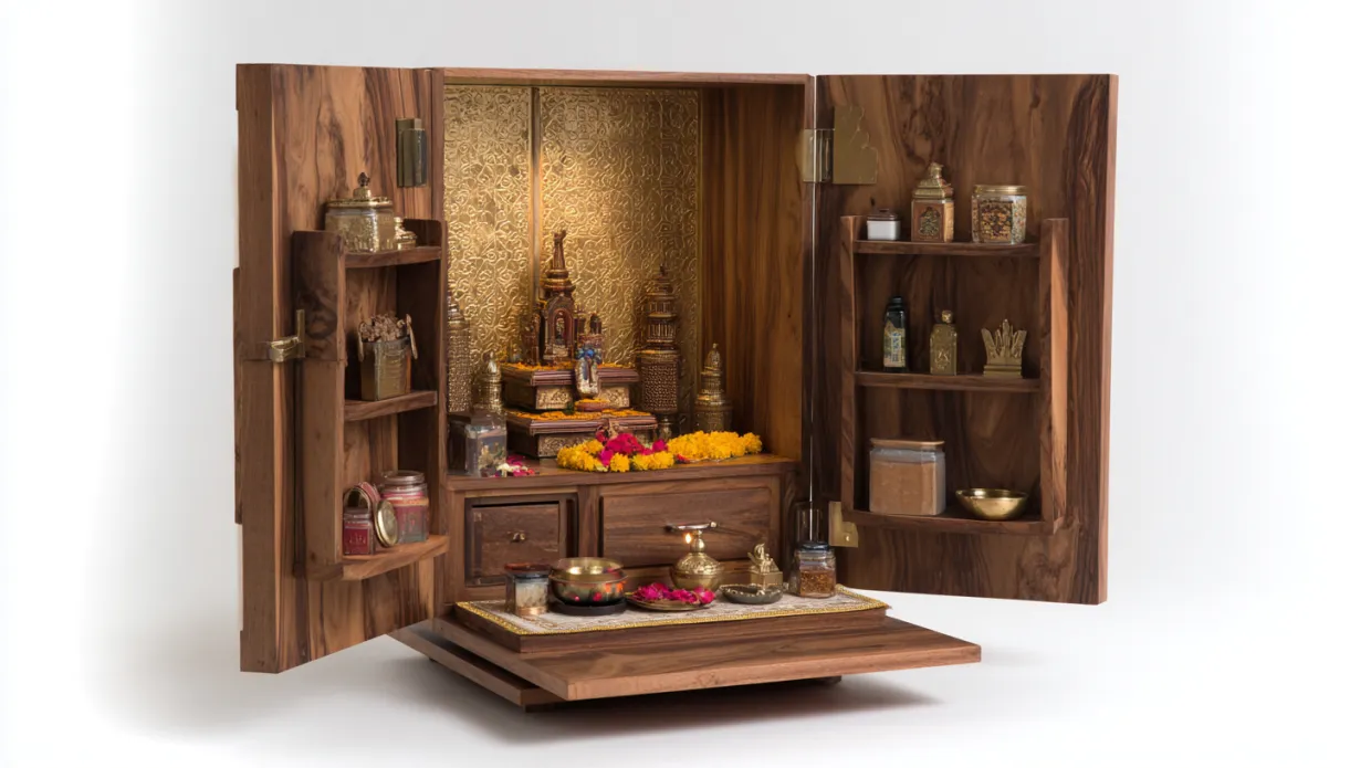 compact portable wooden pooja cabinet with shelves and foldable doors