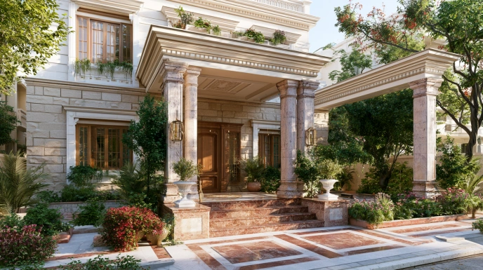 Granite pillars supporting a villa portico