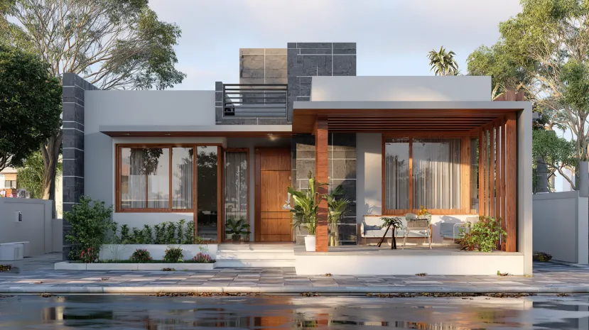Modern prefab house design with gray stone accents
