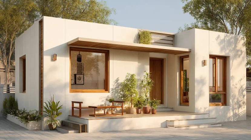 Modular white village single-floor home front design