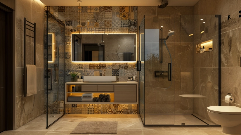 Luxurious, pattern-tiled, premium small bathroom design