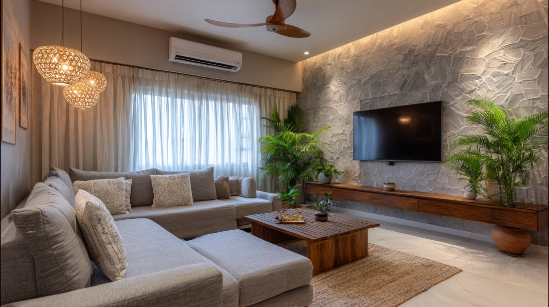 Premium contemporary living room with textured accent wall
