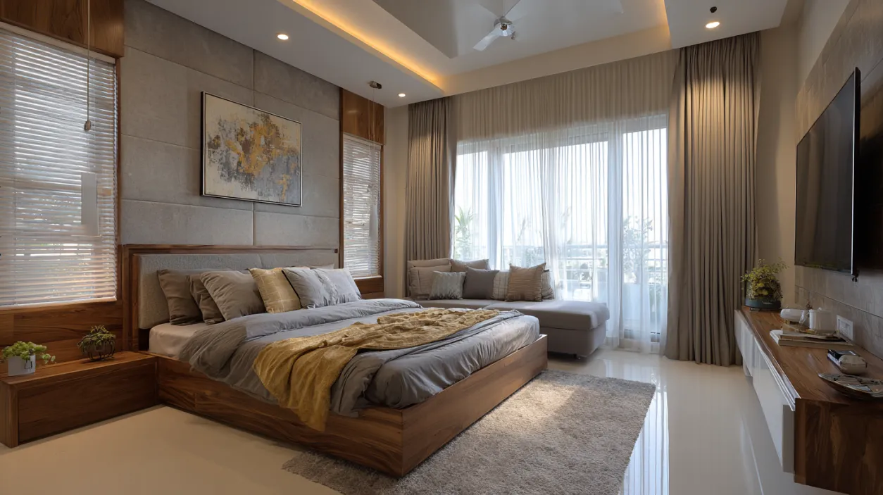 Professional bedroom interior with warm wood and soft lighting.