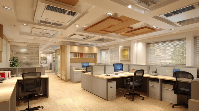 Stepped tray POP ceiling in office interior