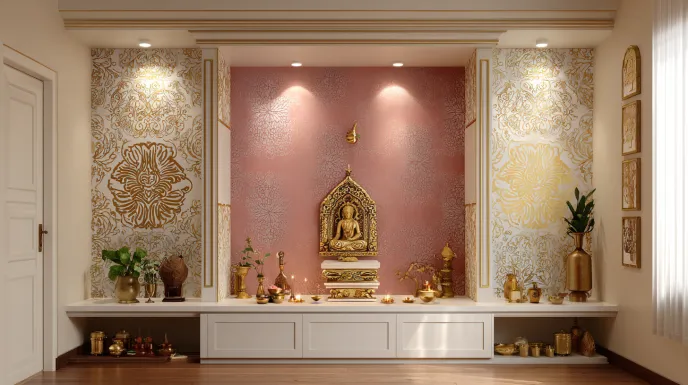 pooja room with decorative wallpaper and compact wooden unit