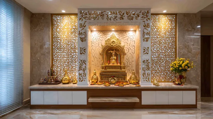 cnc cut puja room panel with brass idols and backlit lighting