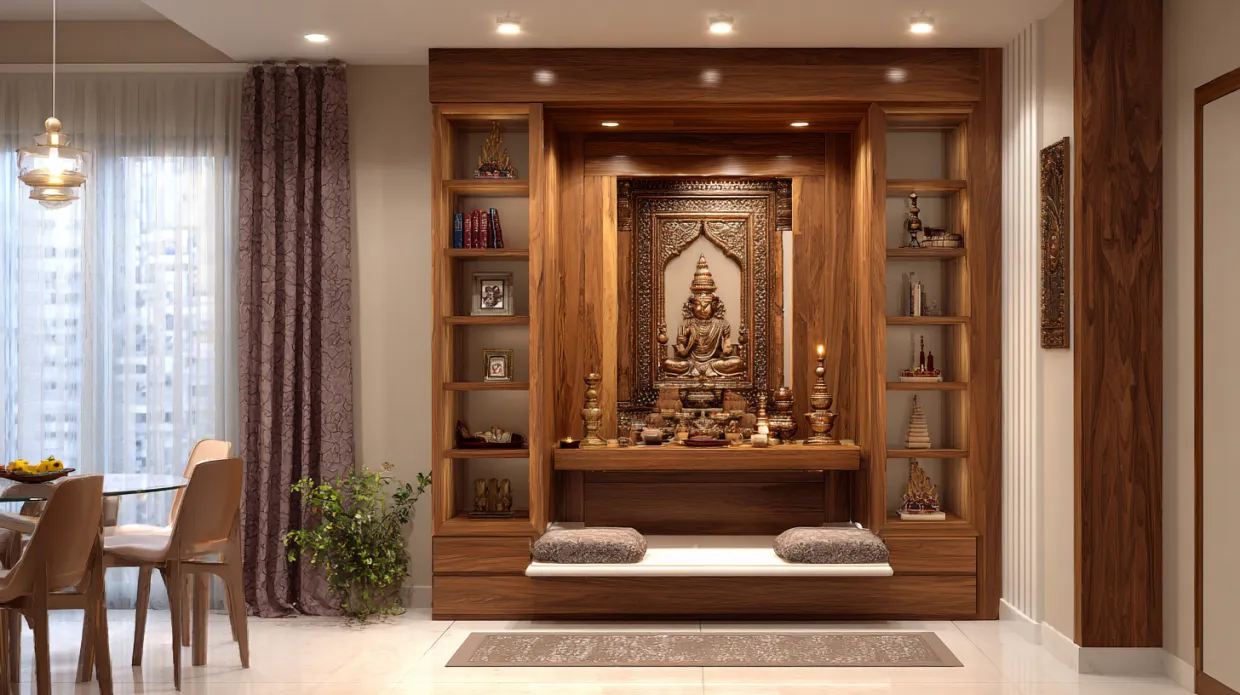 compact wooden puja cubicle with shelves, framed idols, and led spotlights