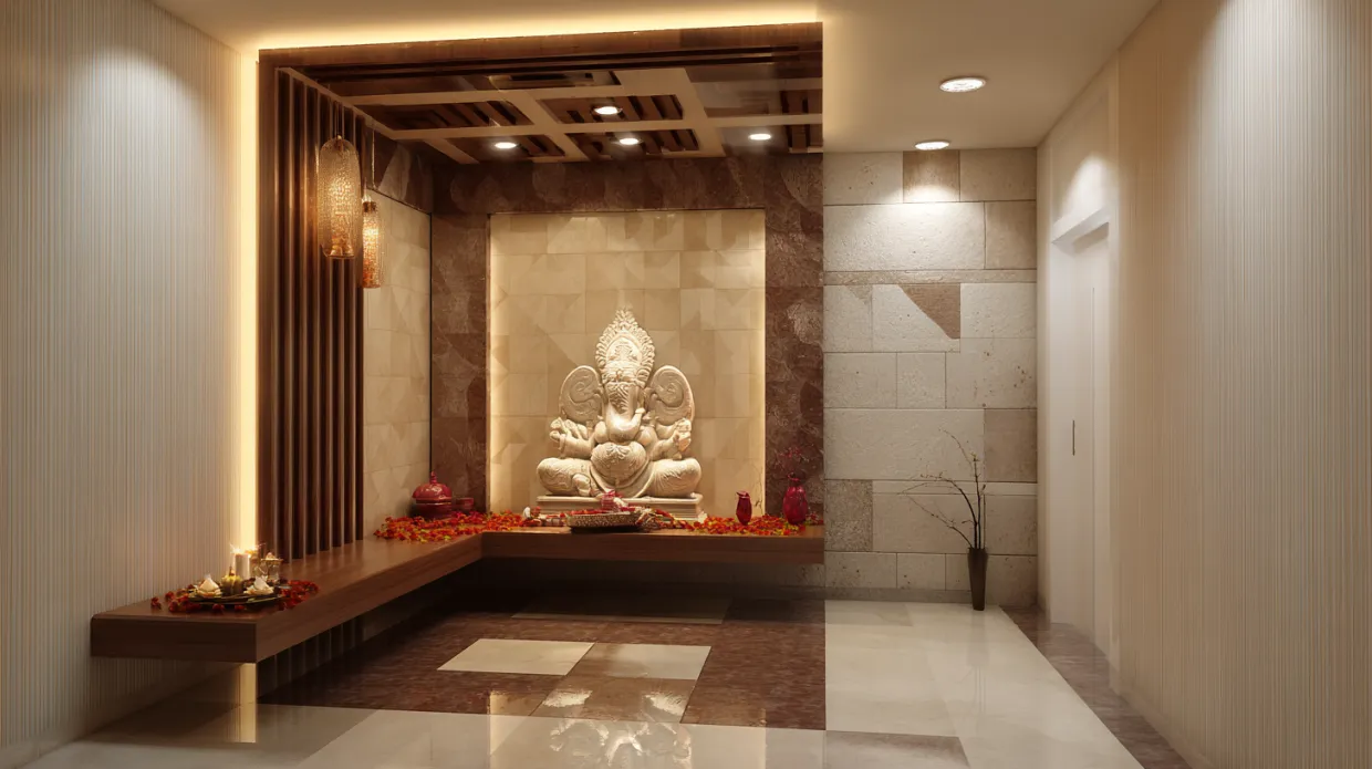 modern pooja unit with false ceiling design and ambient lighting