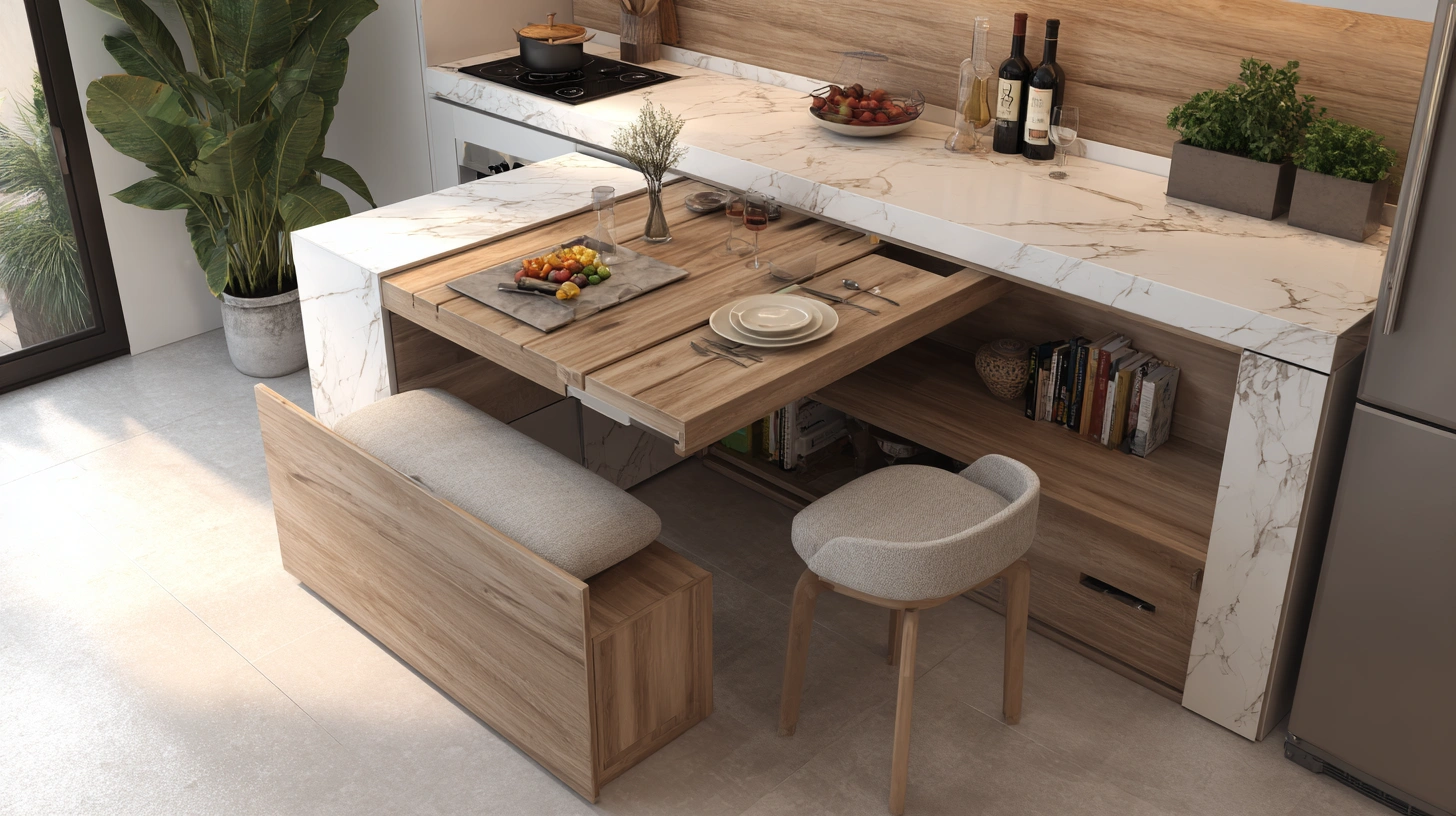 Pull-out dining table sliding from kitchen cabinet