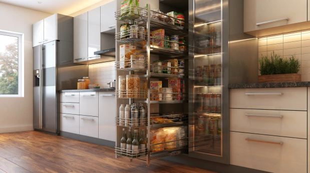 Pull-out pantry rack inside a tall kitchen cabinet