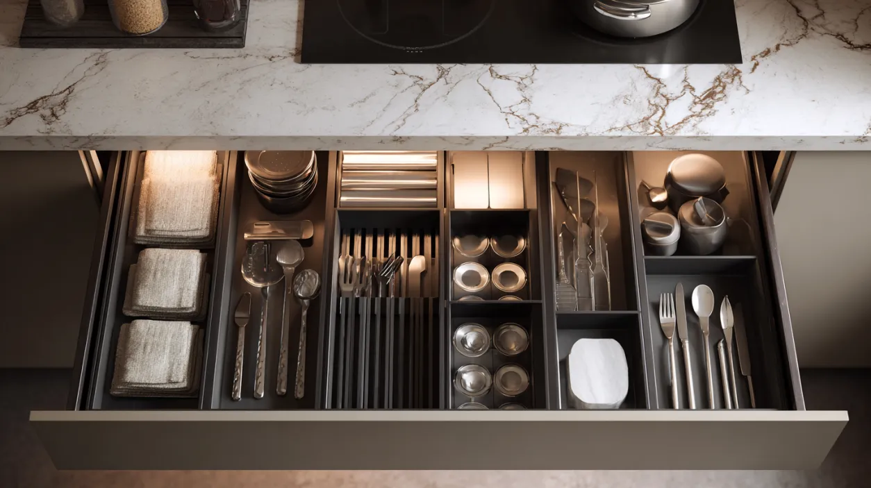 Deep pull-out units with internal dividers and lighting.