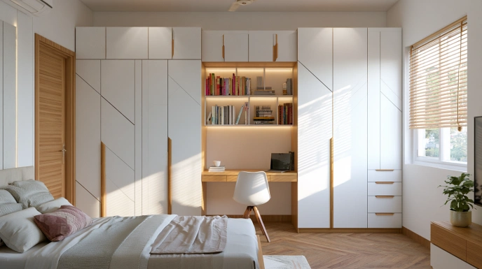 Wardrobe with hidden pull-out study table