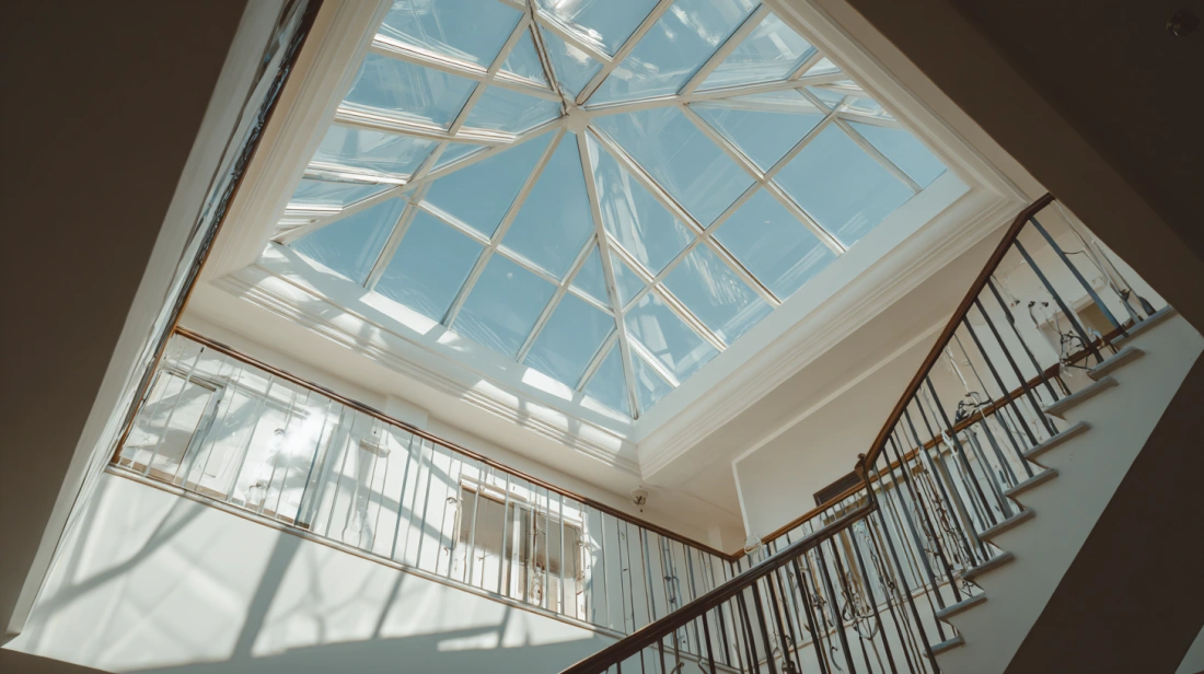Architectural pyramid glass skylight above an indoor staircase
