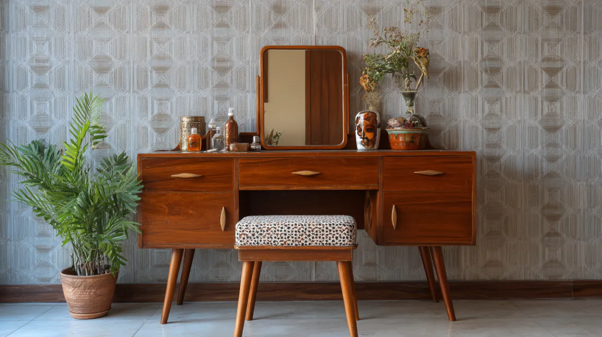 quaint personal dressing table with compact design and storage, ideal for cozy and stylish bedroom interiors