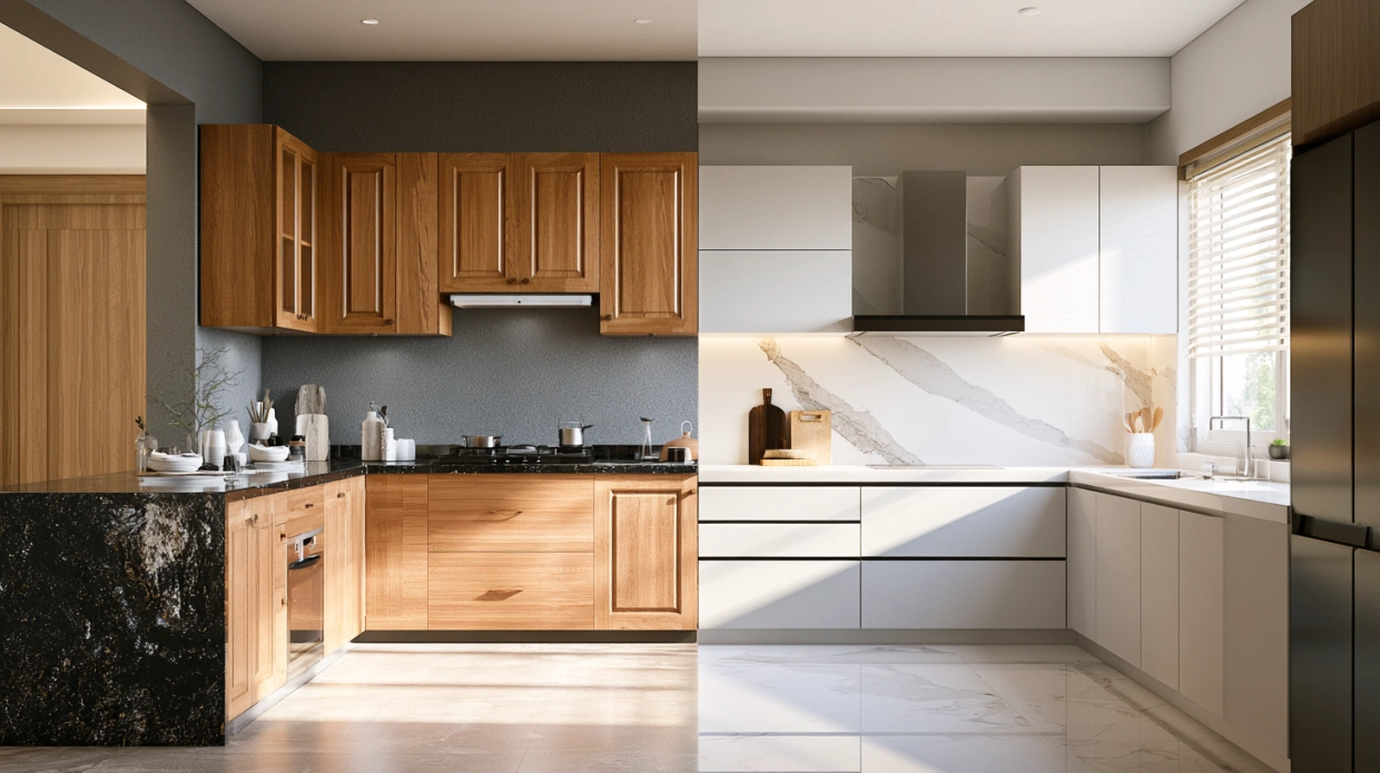 Quartz vs granite countertop comparison in an Indian kitchen