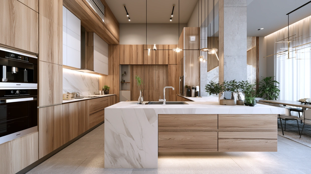 White quartz countertop in a contemporary Indian kitchen